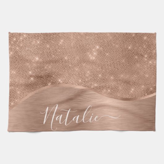 Metallische Rose Gold Glitzer Personalisiert Geschirrtuch (Horizontal)