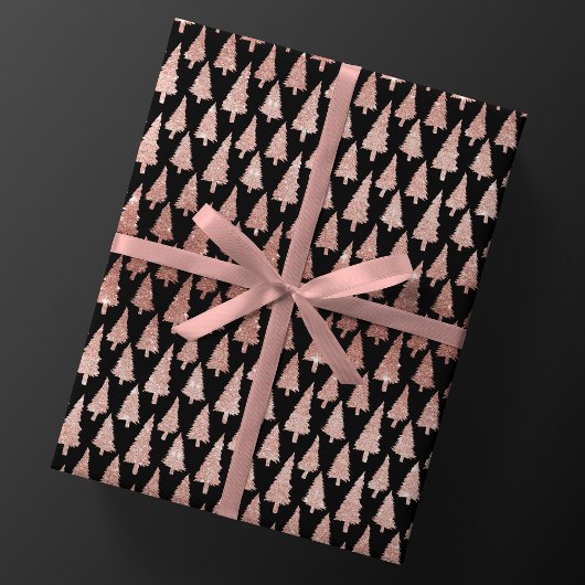 Metallische Rose Gold Weihnachtsbäume auf Black Gi Geschenkpapier
