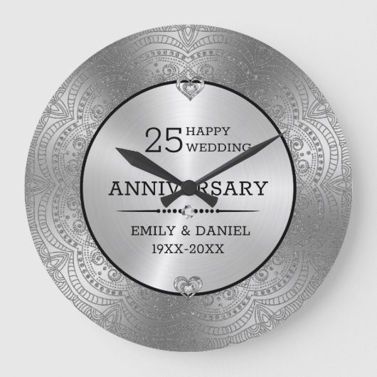 Metallische Silber Mandala 25. Jubiläum Vorlage Große Wanduhr (Vorderseite)
