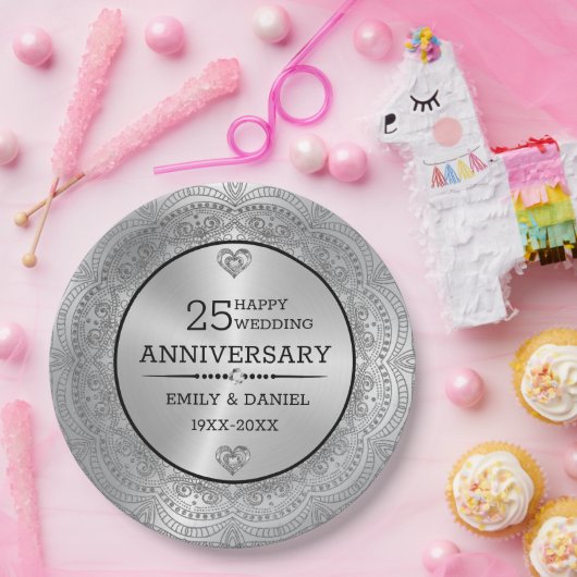 Metallische Silber Mandala 25. Jubiläum Vorlage Pappteller (Party)