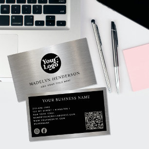 Metallische Silber-Schwarz-Logo QR Code Social Med Visitenkarte