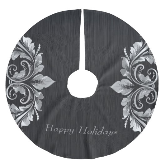 Metallische silbergraue Wirbel über schwarzem Hint Polyester Weihnachtsbaumdecke (Vorderseite)