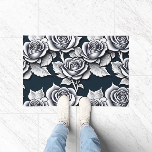 Metallische Silberrosen mit Teal-Blättern Fußmatte (Indoor)