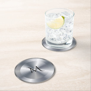 Metallische Silbertextur personalisiertes Monogram Runder Pappuntersetzer