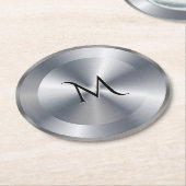 Metallische Silbertextur personalisiertes Monogram Runder Pappuntersetzer (Angewinkelt)