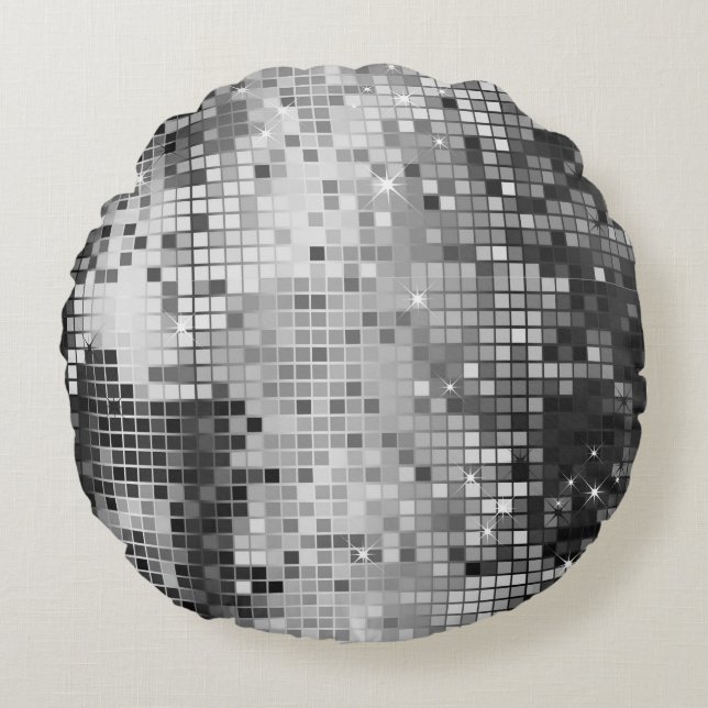 Metallische Silver Sequins Disco Glitzer Pixel Art Rundes Kissen (Vorderseite)