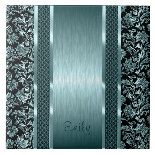 Metallische Vintage, hellgrüne Damasken Fliese (Vorderseite)