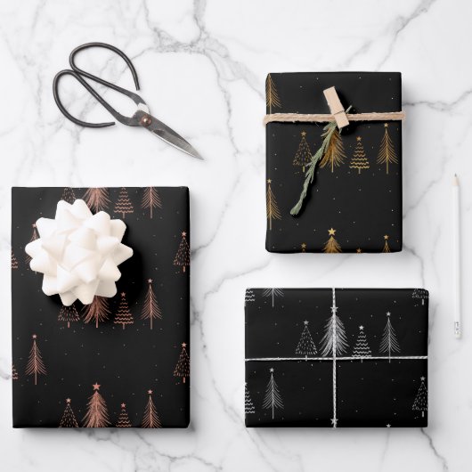 Metallische Weihnachtsbaume Black Geschenkpapier Set (Vorderseite)