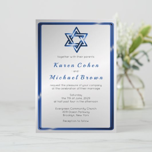 Metallischer blauer Davidsstern Jüdische Hochzeit Einladung (Stehend Vorderseite)