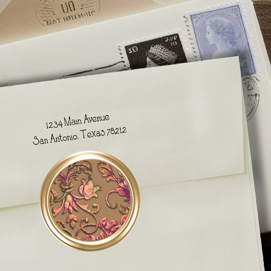 Metallischer Ebossed Look Damask in Rosa und Gold Runder Aufkleber