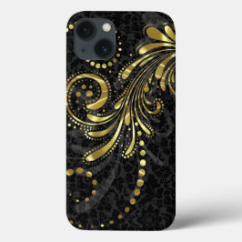 Metallischer gelber goldener Blumenwirbel auf schw iPhone 13 Hülle