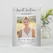 Metallischer Glitzer ombre 3 Fotos Sweet 16 Einladung (Stehend Vorderseite)