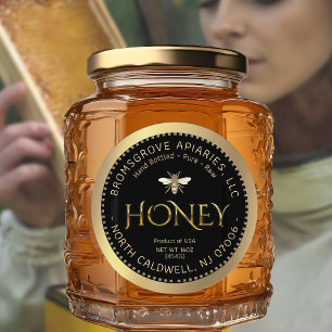 Metallischer Gold Honig auf Schwarz mit Bienen und Runder Aufkleber