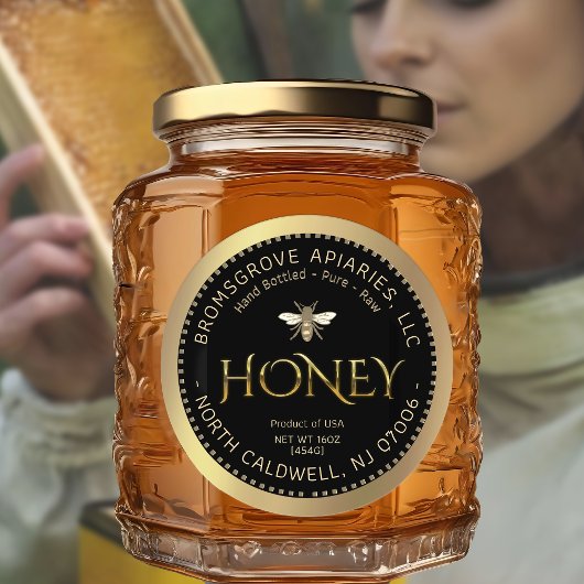 Metallischer Gold Honig auf Schwarz mit Bienen und Runder Aufkleber