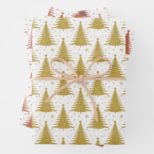 Metallischer Gold Weihnachtsbaumen Muster Glitzer Geschenkpapier Set (Beispiel)