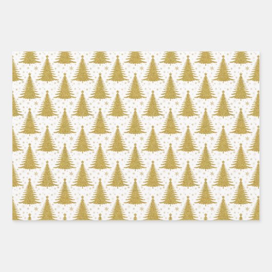 Metallischer Gold Weihnachtsbaumen Muster Glitzer Geschenkpapier Set (Vorderseite)