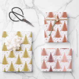 Metallischer Gold Weihnachtsbaumen Muster Glitzer Geschenkpapier Set