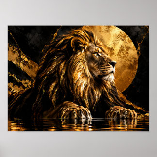 Metallischer Goldener Löwe im Mondlicht Poster