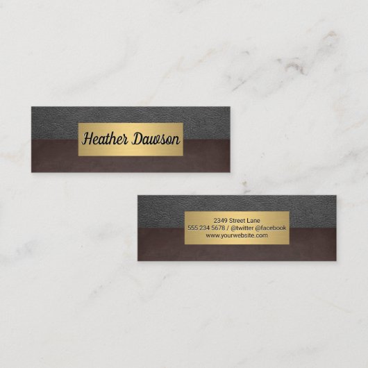 Metallischer Goldrahmen | Grauleder | Braune Textu Mini Visitenkarte (Vorne/Hinten)