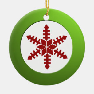 Metallischer Grünkreis und Roter Schneeflocken Keramik Ornament