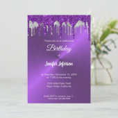 Metallischer lila Glitzer Einladung zum Geburtstag (Stehend Vorderseite)