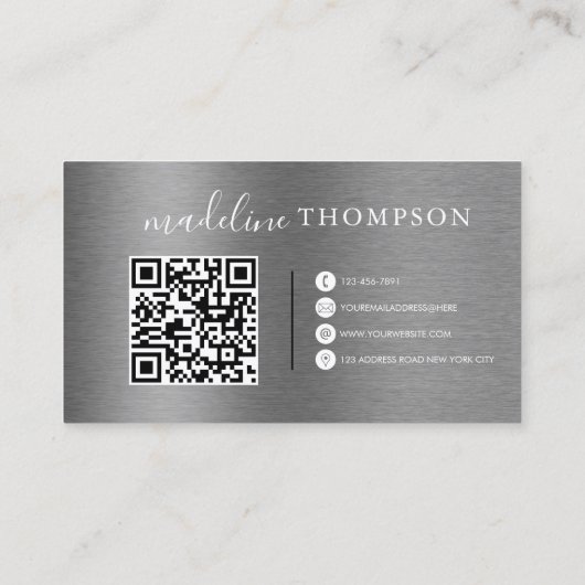 Metallischer Pinsel aus Stahl Silver Script Qr Cod Visitenkarte (Rückseite)