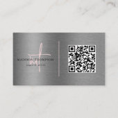 Metallischer Pinsel Stahl Silver Script Pink QR Co Visitenkarte (Vorderseite)