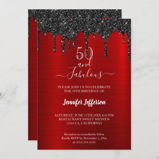 Metallischer roter Glitzer Einladung zum Geburtsta (Vorne/Hinten)