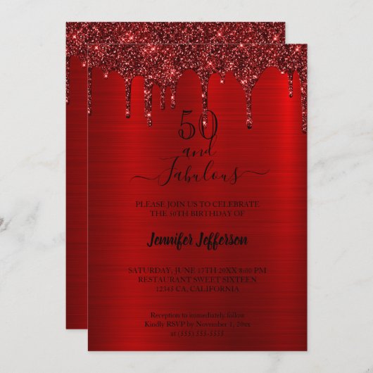 Metallischer roter Glitzer Einladung zum Geburtsta (Vorne/Hinten)