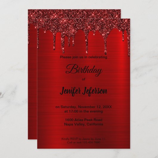 Metallischer roter Glitzer Einladung zum Geburtsta (Vorne/Hinten)