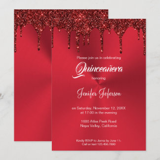 Metallischer roter Glitzer Quinceanera Einladung