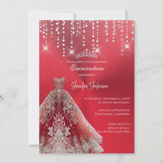 Metallischer roter Glitzer Quinceanera Einladung (Vorderseite)
