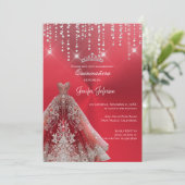 Metallischer roter Glitzer Quinceanera Einladung (Stehend Vorderseite)