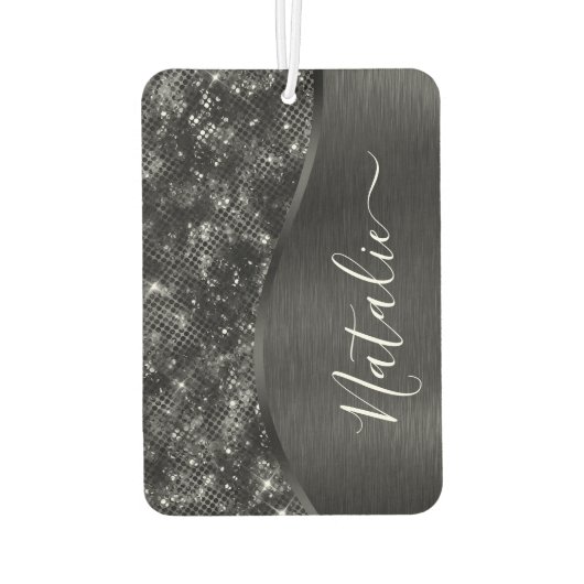 Metallischer Schwarzer Glitzer Personalisiert Autolufterfrischer (Rückseite)