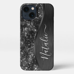 Metallischer Schwarzer Glitzer Personalisiert iPhone 13 Hülle