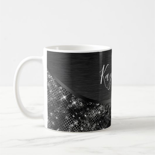 Metallischer Schwarzer Glitzer Personalisiert Kaffeetasse (Links)