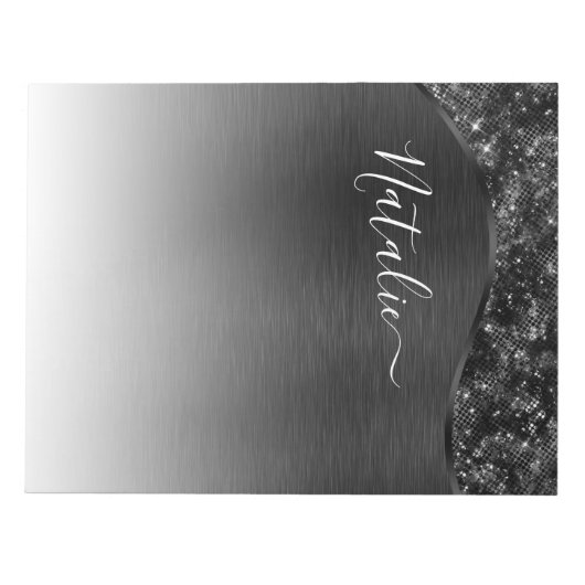 Metallischer Schwarzer Glitzer Personalisiert Notizblock (Vorderseite)