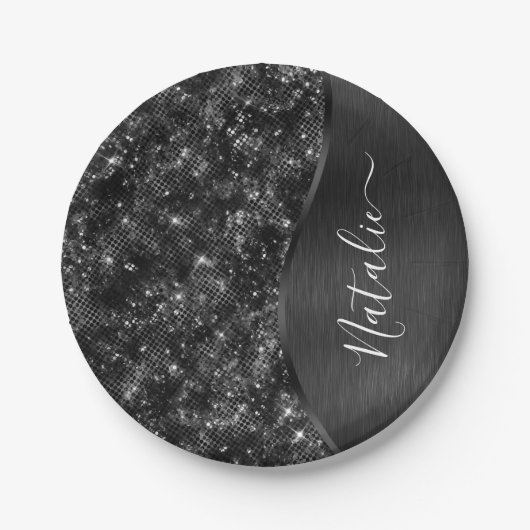 Metallischer Schwarzer Glitzer Personalisiert Pappteller (Vorderseite)