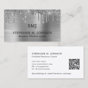 Metallischer Silber Glitter Tropfen Monogramm QR-C Visitenkarte