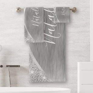 Metallischer Silber Glitzer Personalisiert Badhandtuch Set