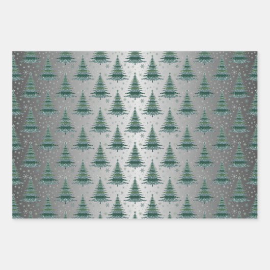 Metallischer Silver Christmas Trees Pattern Glitze Geschenkpapier Set (Vorderseite 2)