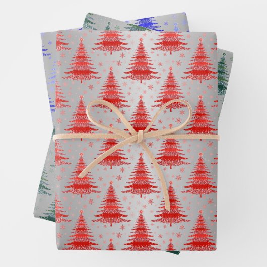 Metallischer Silver Christmas Trees Pattern Glitze Geschenkpapier Set (Beispiel)