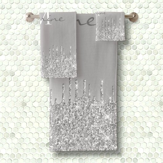 Metallischer Silver Dripping Glitzer Mit Monogramm Badhandtuch Set