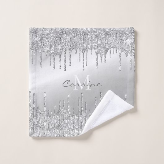 Metallischer Silver Dripping Glitzer Mit Monogramm Badhandtuch Set (Waschlappen)
