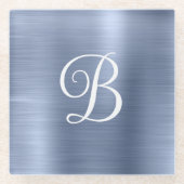 Metallischer Staubblau Lockiger Monogramm Glasuntersetzer (Vorderseite)