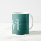Metallisches Aqua-Aquamarin-Signature-Monogramm Kaffeetasse (VorderseiteRechts)