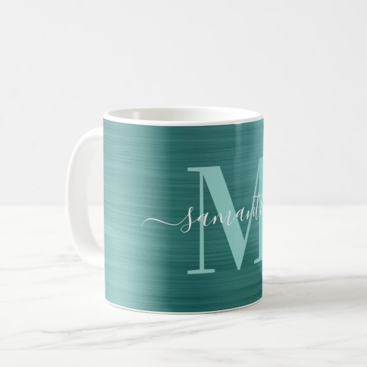 Metallisches Aqua-Aquamarin-Signature-Monogramm Kaffeetasse (Vorderseite Links)