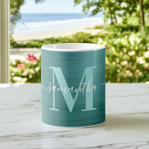 Metallisches Aqua Türkis Signature Monogramm Kaffeetasse