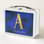 Metallisches Blau und Gold Monogramm A Metall Brotdose (Vorderseite)