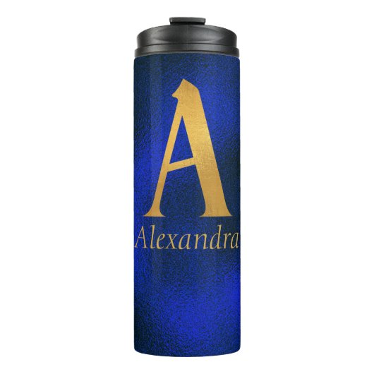 Metallisches Blau und Gold Monogramm A Thermosbecher (Vorderseite)